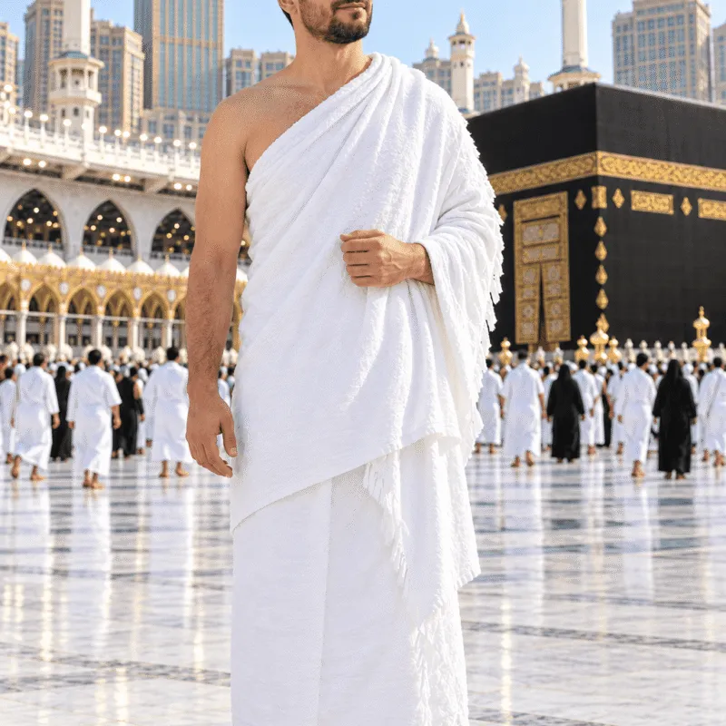 Homme portant un Ihram blanc pour la Omra et le Hajj à La Mecque