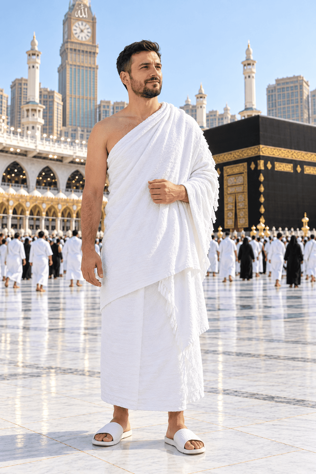 Ihram Homme Omra & Hajj à La Mecque Homme portant un Ihram blanc pour la Omra et le Hajj à La Mecque